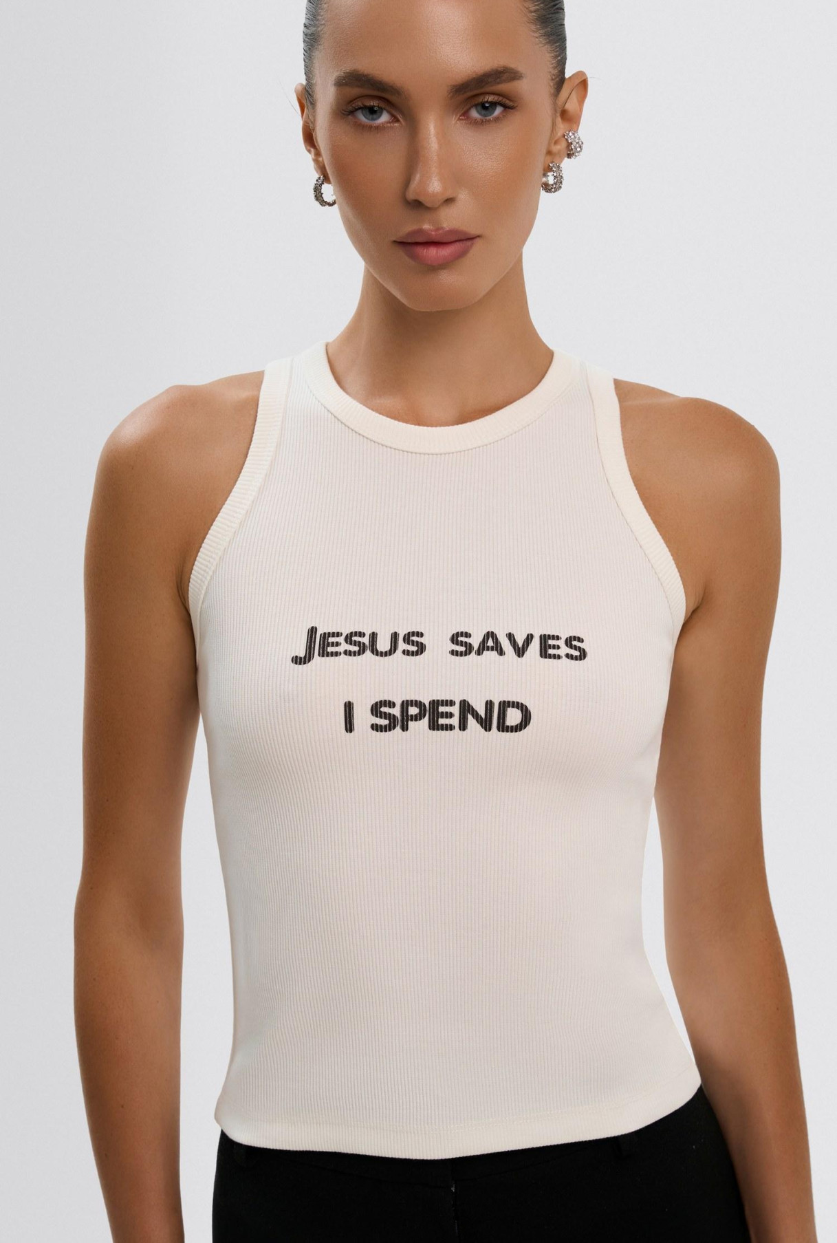 Майка в рубчик Jesus saves i spend молочная размер XS, фото 4