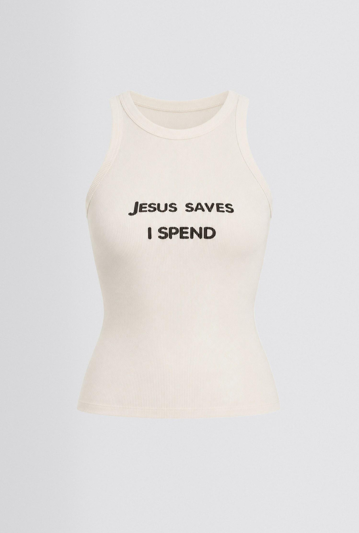 Майка в рубчик Jesus saves i spend молочная фото 1